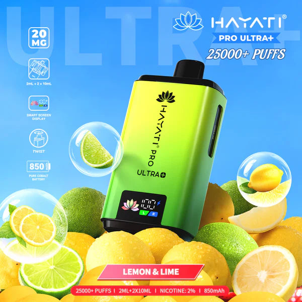 Hayati Pro Ultra+ 25000+ Puffs Disposable Vape UK, with Yellow and Green colour of device and having  Lemon & Lime Flavours.