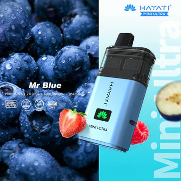Hayati Mini Ultra 1500 Puffs Disposable Vape UK, with Blue Colour and having MR. Blue Flavour.