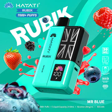 Hayati Rubik 7000+ Puffs Disposable Pod Vape Kit UK, with Froze Colour and having MR. Blue flavour.