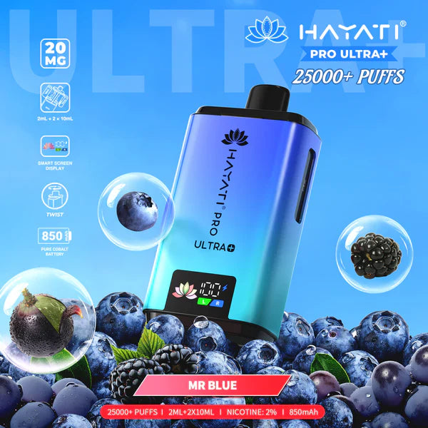 Hayati Pro Ultra+ 25000+ Puffs Disposable Vape UK, with Blue and Light  colour of device and having  MR Blue  Flavours.