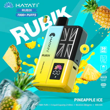 Hayati Rubik 7000+ Puffs Disposable Pod Vape Kit UK, with yellow Colour and having Pineapple Ice flavour.