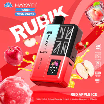 Hayati Rubik 7000+ Puffs Disposable Pod Vape Kit UK, with Red and White Colour and having Red Apple Ice  flavour.