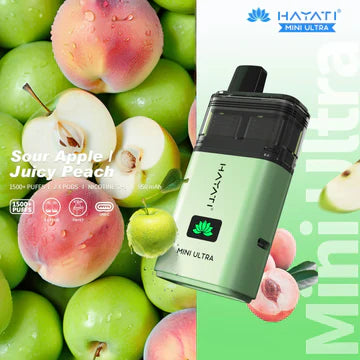 Hayati Mini Ultra 1500 Puffs Disposable Vape UK, with Green Colour and having Sour Apple Juicy Peach Flavour.