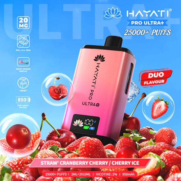 Hayati Pro Ultra+ 25000+ Puffs Disposable Vape UK, with Pink and Light Peach colour of device and having Strawberry Cranberry cherry\ Cherry Ice Flavours.