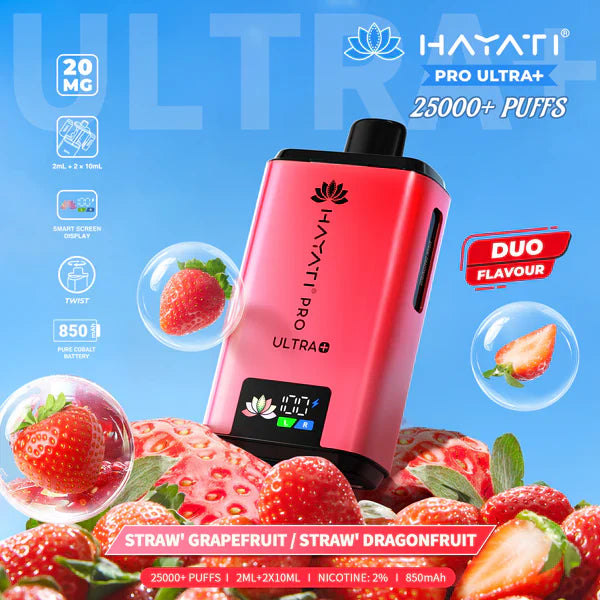 Hayati Pro Ultra+ 25000+ Puffs Disposable Vape UK, with Red and Light Pink colour of device and having  Strawberry Graperfruit Strawberry dragonfruit Flavours.i