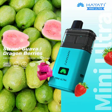 Hayati Mini Ultra 1500 Puffs Disposable Vape UK, with Blue Colour and having Straw Guava Dragon Berries Flavour.