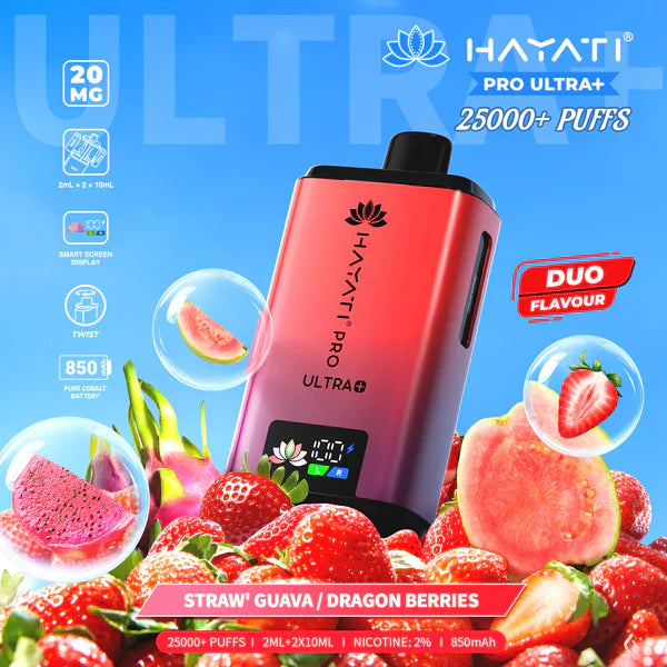Hayati Pro Ultra+ 25000+ Puffs Disposable Vape UK, with Red and Purple colour of device and having  Straw Guava \ Dragon Berries Flavours.