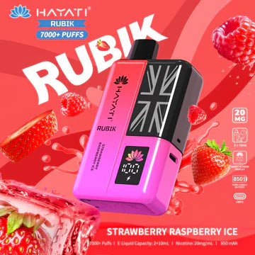 Hayati Rubik 7000+ Puffs Disposable Pod Vape Kit UK, with Pink and Red Colour and having Strawberry Raspberry Ice  flavour.