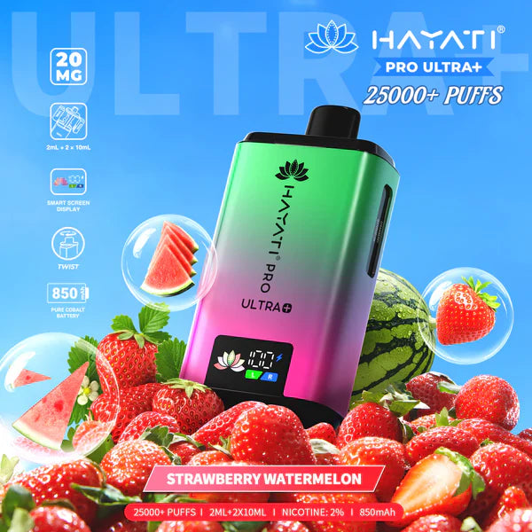Hayati Pro Ultra+ 25000+ Puffs Disposable Vape UK, with Green and Pink colour of device and having  Strawberry Watermelon Flavours.