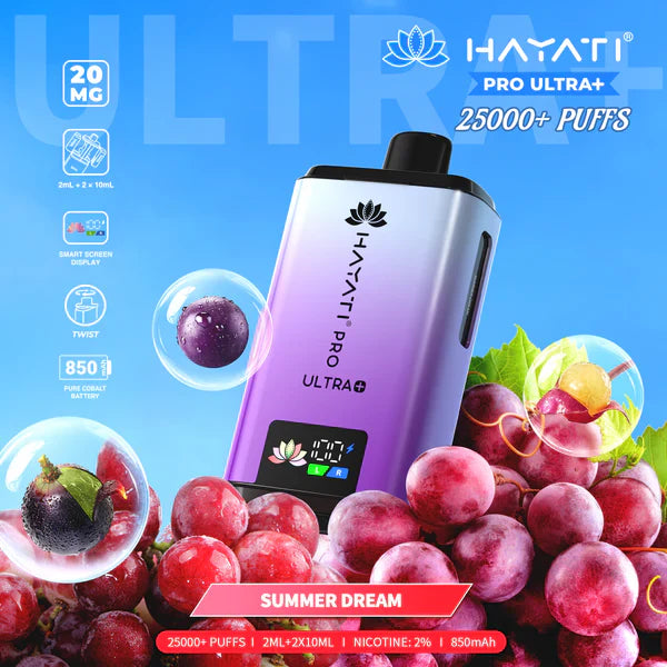 Hayati Pro Ultra+ 25000+ Puffs Disposable Vape UK, with Purple colour of device and having  Summer Dream Flavours.