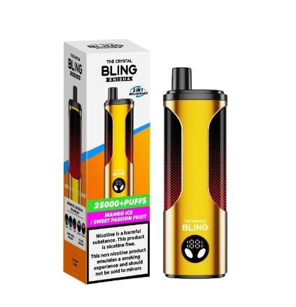 The Crystal Bling Shisha 25000 Puffs Disposable Vape UK, with Yellow colour and having Mango Ice and Sweet Passion Fruit  Flavour.