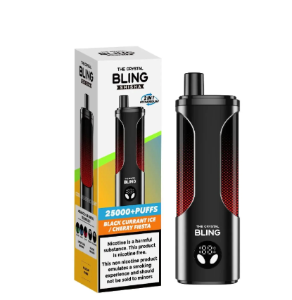 The Crystal Bling Shisha 25000 Puffs Disposable Vape UK, with Black colour and having Black Current Ice and Cherry  Flavour.
