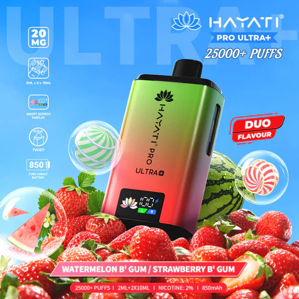 Hayati Pro Ultra+ 25000+ Puffs Disposable Vape UK, with Green and Red colour of device and having  Watermelon B'Gum \ Strawberry B'Gum Flavours.