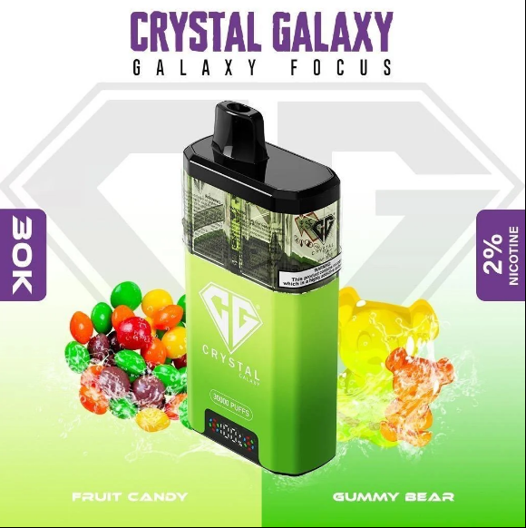 A disposable Crystal Galaxy vape with a gradient green finish, a black mouthpiece, 30K puffs, 2% nicotine, and flavour  for Fruit Candy and Gummy Bear.
