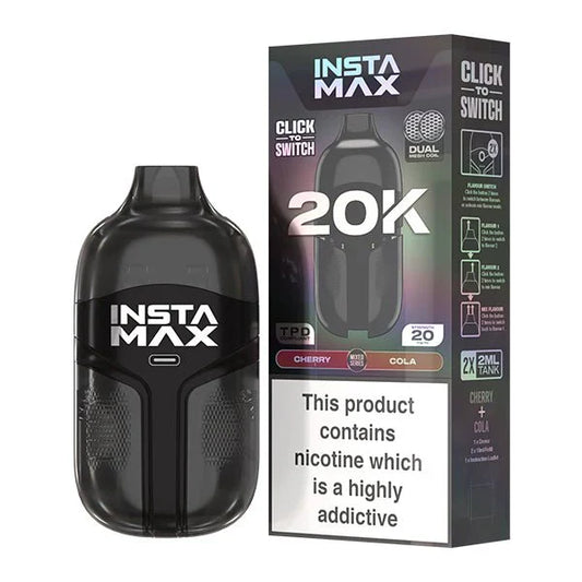 Insta Max 20000 Puffs Disposable Vape Pod UK, with cherry and cola flavour.