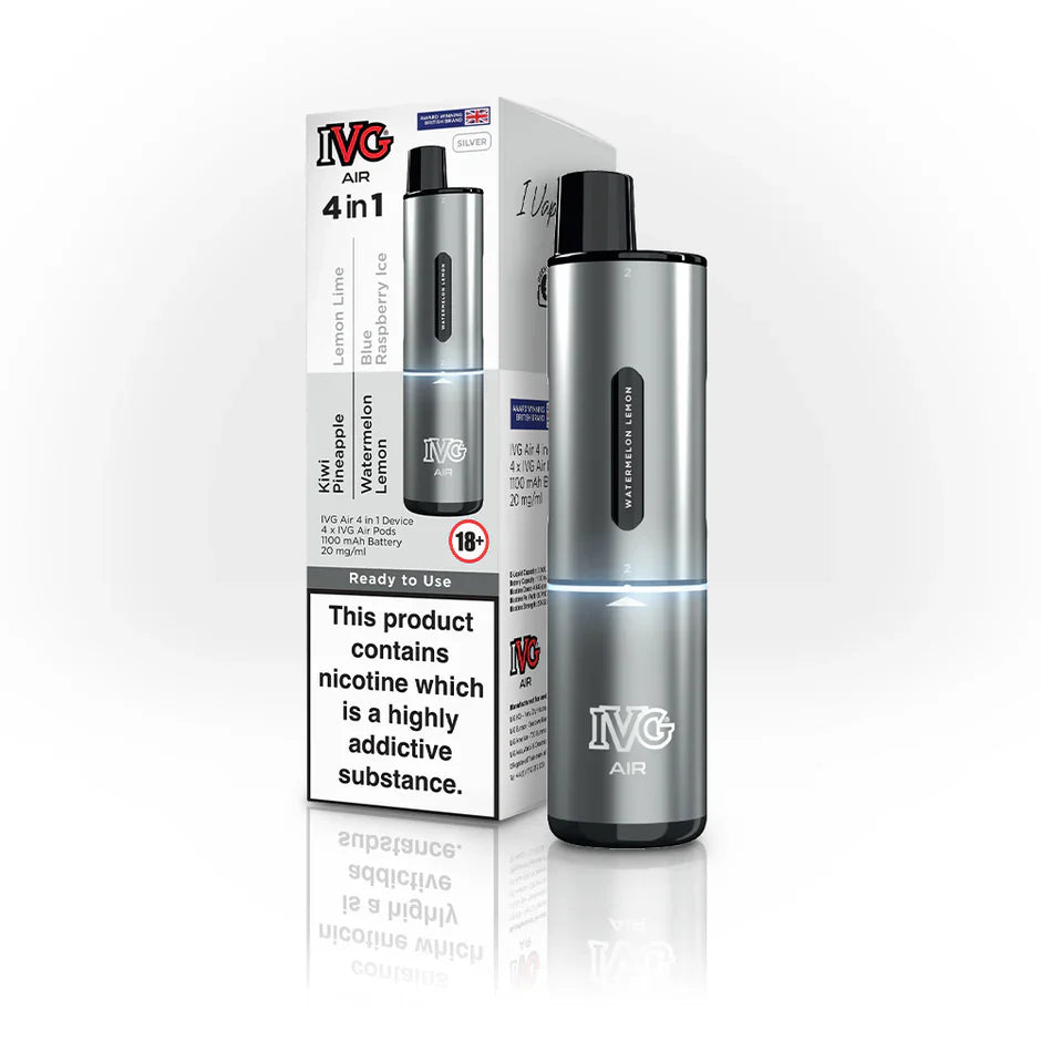 IVG Air 2400 Disposable Vape | 4 IN 1 Flavours UK, with Silver Colour and Having Silver Edition Flavours.